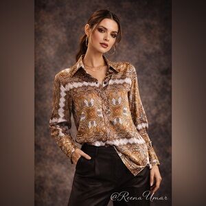Topshop Paisley Button-Up Blouse – White, Gold & Brown | Size 8